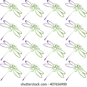 Seamless Pattern with Color Hand Drawn Dragonfly on White. Vector Illustration.