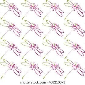 Seamless Pattern with Color Hand Drawn Dragonfly on White. Vector Illustration.