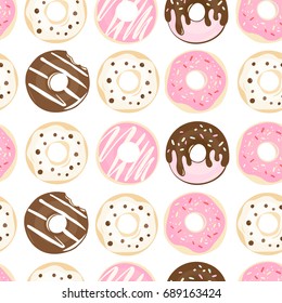 Seamless pattern of color hand drawn donuts in modern flat style. Donut isolated for your design