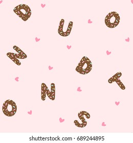 Seamless pattern of color hand drawn donuts letters in modern flat style on pink background. Sweets vector illustration with hearts.