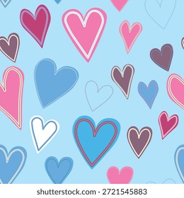 Patrón sin fisuras con corazones de color. Ilustración vectorial de vacaciones de Plantilla. Diseño para tarjeta, postal, cartel, impresión, Anuncio. Corazones coloridos de la historieta en el fondo del color.