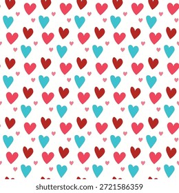Patrón sin fisuras con corazones de color. Ilustración vectorial de vacaciones de Plantilla. Diseño para tarjeta, postal, cartel, impresión, Anuncio. Corazones coloridos de la historieta en el fondo del color.