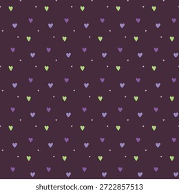 Seamless pattern with color hearts. Template holiday vector illustration. Design for card, postcard, poster, print, banner. Cartoon colorful hearts on color background.