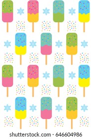 Seamless pattern with color ice cream and snowflakes