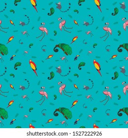Seamless pattern with color icon of a chameleon, flamingo, parrot and lemur.
Jungle life on colorful background.
