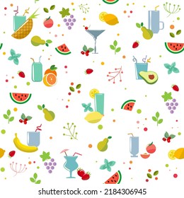 Seamless Pattern color icons for fruit bar. Fruit cocktails, smoothies, fruit juices.