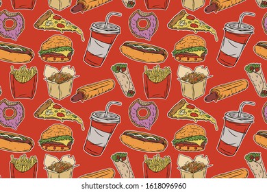 Seamless pattern of color illustrations of fast food elements - burger, pizza, wok, kebab, hot dogs, cup and fries..