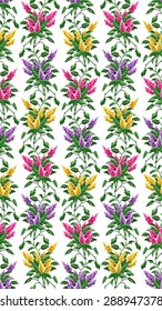 Seamless. Pattern. Color image bouquet of flowers (bloom of lilacs) using traditional Ukrainian embroidery elements. Can be used as pixel-art. 