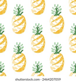Seamless pattern with color imprint or stamp of pineapples on white background. Modern textured graphic, hand drawing summer design. Vector print for tropical fruit illustration, fabric, wrapper.