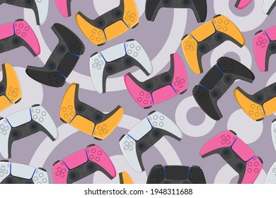 Seamless pattern with color joysticks. Colorful vector backdrop with gamepads. Background with controllers of modern console.