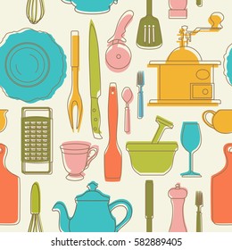 Seamless pattern with color kitchen utensils. Vector illustration.
 Silhouettes and colored shadows of kitchen utensils. Be used for textile, book, cover, packaging, website, background, labels.
