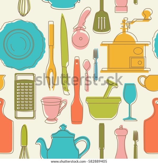 Seamless Pattern Color Kitchen Utensils Vector Stock Vector