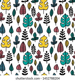 Seamless pattern. Color  leaves of various plants isolated on white background. Texture for print, wallpaper, home decor, textile, package design