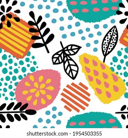 Seamless pattern. Color  leaves of various plants and different hand drawn elements isolated on white background. Texture for print, wallpaper, home decor, textile, package design