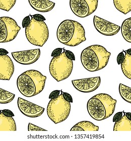 Seamless pattern of color lemons on white background.