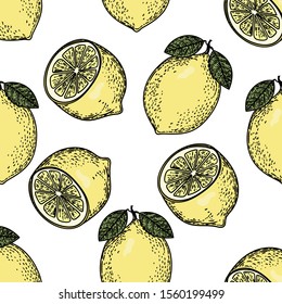 Seamless pattern of color lemons on white background.
