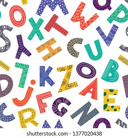 Seamless pattern with color letters. Kid alphabet. Can be used on packaging paper, fabric, background for different images, etc. White background.