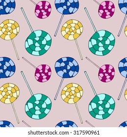 Seamless pattern with color lollipops. Candy wrapper. 