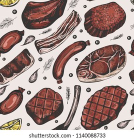 Seamless pattern  with color meat products on the white background