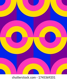 Nahtloses Muster. Farbminimalistisches skandinavisches Design. Kontrast Kreise und Streifen. Flachbild.
