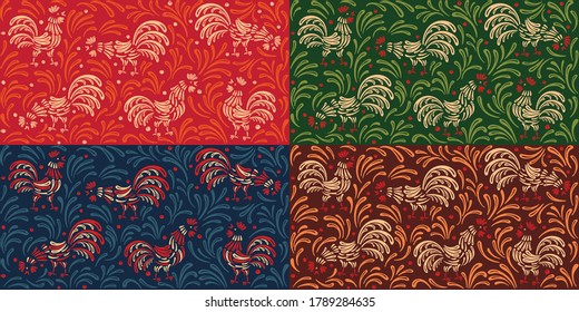 Seamless pattern color options. Decorative roosters surrounded by ornaments
