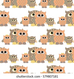 Seamless pattern with color owl on white background. Cute flat owls seamless ornament