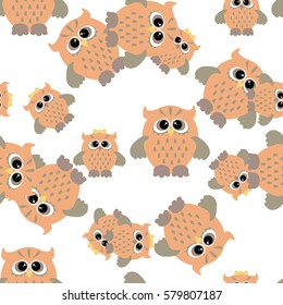 Seamless pattern with color owl on white background. Cute flat owls seamless ornament