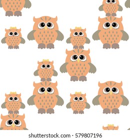 Seamless pattern with color owl on white background. Cute flat owls seamless ornament