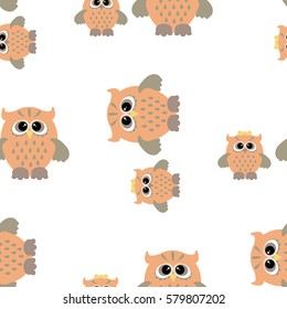 Seamless pattern with color owl on white background. Cute flat owls seamless ornament