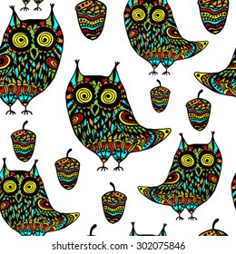seamless pattern with color owls and acorns on the white background
