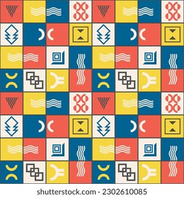 Seamless pattern with color panels and geometric shapes in Bauhaus style. Muted color palette. Vector illustration