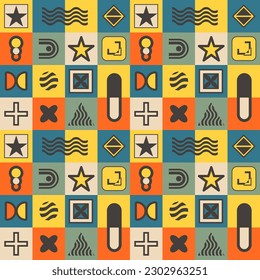 Patrón inmaculado con paneles de color y formas geométricas al estilo Bauhaus. Paleta de colores de época. Ilustración del vector