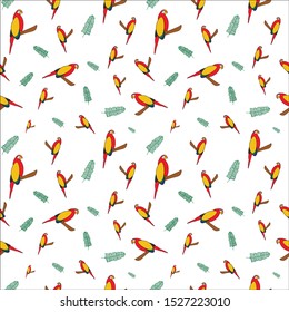 Seamless pattern with color parrot and leaf. 
Vector image pattern. Ara background.