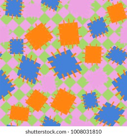 Seamless pattern in color patches. Bright cute background of multicolored scraps of fabric, sewn with different colors of thread. Can be used for fabric design, children's wallpaper, postcards. Vector