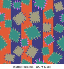 Seamless pattern in color patches. Bright cute background of multicolored scraps of fabric, sewn with different colors of thread. Can be used for fabric design, children's wallpaper, postcards. Vector