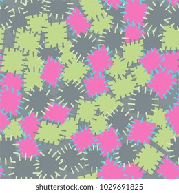 Seamless pattern in color patches. Bright cute background of multicolored scraps of fabric, sewn with different colors of thread. Can be used for fabric design, children's wallpaper, postcards. Vector