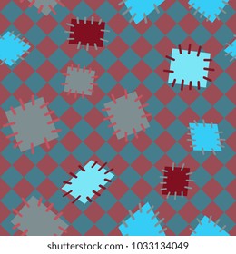 Seamless pattern in color patches. Bright cute background of multicolored scraps of fabric, sewn with different colors of thread. Can be used for fabric design, children's wallpaper, postcards. Vector