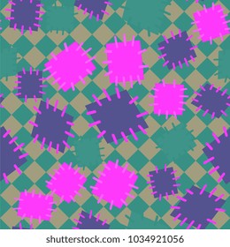 Seamless pattern in color patches. Bright cute background of multicolored scraps of fabric, sewn with different colors of thread. Can be used for fabric design, children's wallpaper, postcards. Vector