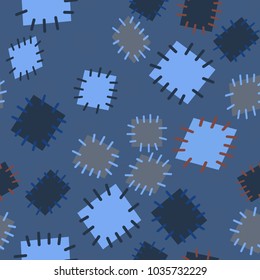 Seamless pattern in color patches. Bright cute background of multicolored scraps of fabric, sewn with different colors of thread. Can be used for fabric design, children's wallpaper, postcards. Vector