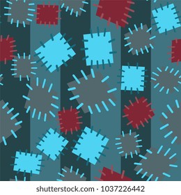 Seamless pattern in color patches. Bright cute background of multicolored scraps of fabric, sewn with different colors of thread. Can be used for fabric design, children's wallpaper, postcards. Vector