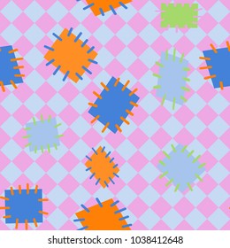 Seamless pattern in color patches. Bright cute background of multicolored scraps of fabric, sewn with different colors of thread. Can be used for fabric design, children's wallpaper, postcards. Vector