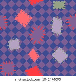 Seamless pattern in color patches. Bright cute background of multicolored scraps of fabric, sewn with different colors of thread. Can be used for fabric design, children's wallpaper, postcards. Vector