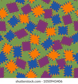 Seamless pattern in color patches. Bright cute background of multicolored scraps of fabric, sewn with different colors of thread. Can be used for fabric design, children's wallpaper, postcards. Vector