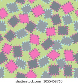 Seamless pattern in color patches. Bright cute background of multicolored scraps of fabric, sewn with different colors of thread. Can be used for fabric design, children's wallpaper, postcards. Vector