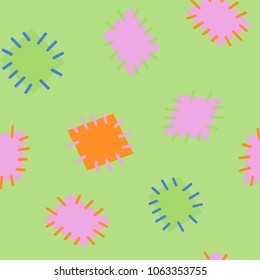 Seamless pattern in color patches. Bright cute background of multicolored scraps of fabric, sewn with different colors of thread. Can be used for fabric design, children's wallpaper, postcards. Vector