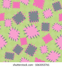 Seamless pattern in color patches. Bright cute background of multicolored scraps of fabric, sewn with different colors of thread. Can be used for fabric design, children's wallpaper, postcards. Vector