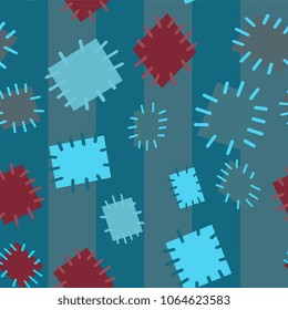 Seamless pattern in color patches. Bright cute background of multicolored scraps of fabric, sewn with different colors of thread. Can be used for fabric design, children's wallpaper, postcards. Vector