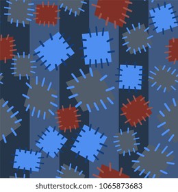 Seamless pattern in color patches. Bright cute background of multicolored scraps of fabric, sewn with different colors of thread. Can be used for fabric design, children's wallpaper, postcards. Vector