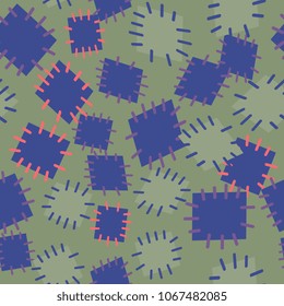Seamless pattern in color patches. Bright cute background of multicolored scraps of fabric, sewn with different colors of thread. Can be used for fabric design, children's wallpaper, postcards. Vector