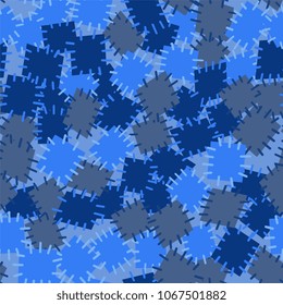 Seamless pattern in color patches. Bright cute background of blue scraps of fabric, sewn with different colors of thread. Can be used for fabric design, children's wallpaper, postcards. Vector
